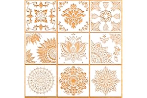JUOME 9 Pack (12x12 Inch) Large Reusable Stencil Mandala Stencil Laser Cut Painting Template for Floor Wall Tile Fabric Furniture Stencils Painting