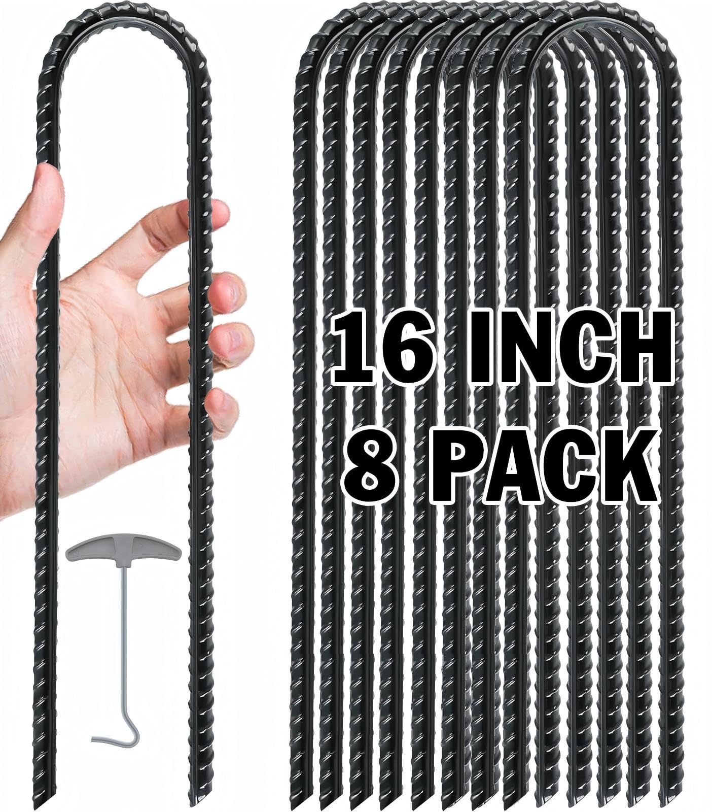 Gtongoko Trampoline Stakes, Trampoline Accessories, 16 Inch 8 Pack Ground Stakes Heavy Duty, Ground Anchors Screw in, Rebar Stakes, High Wind Tent Anchors, Galvanized Steel, U Shaped, Black Image