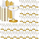 Zhehao 50 Pcs 4.5 oz Plastic Champagne Coupe Glasses with Gold Rim and Base Disposable Cocktail Glasses Martini Margarita Stem Cups for Wedding Anniversary Picnic Outdoor Party