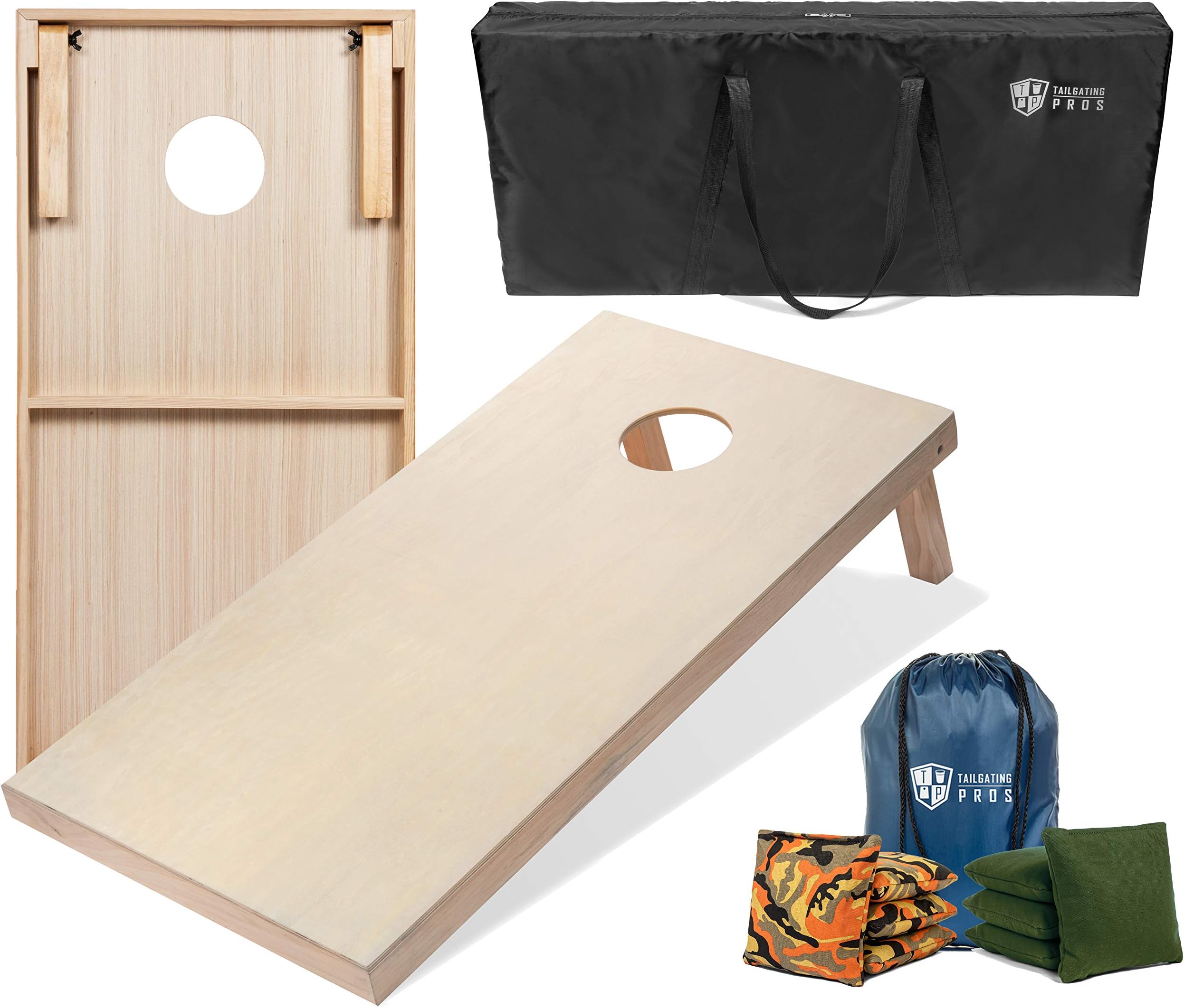 Tailgating Pros Cornhole Boards - 4'x2' & 3'x2' Cornhole Game w/Carrying Case & Set of 8 Corn Hole Bags - 150+ Color Combos! Optional LED Lights