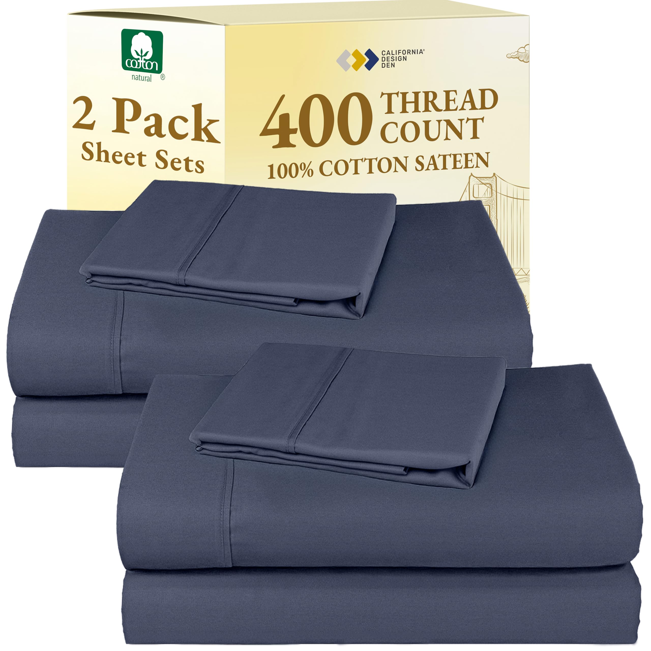 California Design Den 2-Pack Twin Sheets Set - 400 Thread Count 100% Cotton Sateen - Extra Soft, Breathable & Cooling Sheets, Wrinkle Resistant, 2 Sets of Deep Pocket Bed Sheets - Indigo Dusty Blue Image