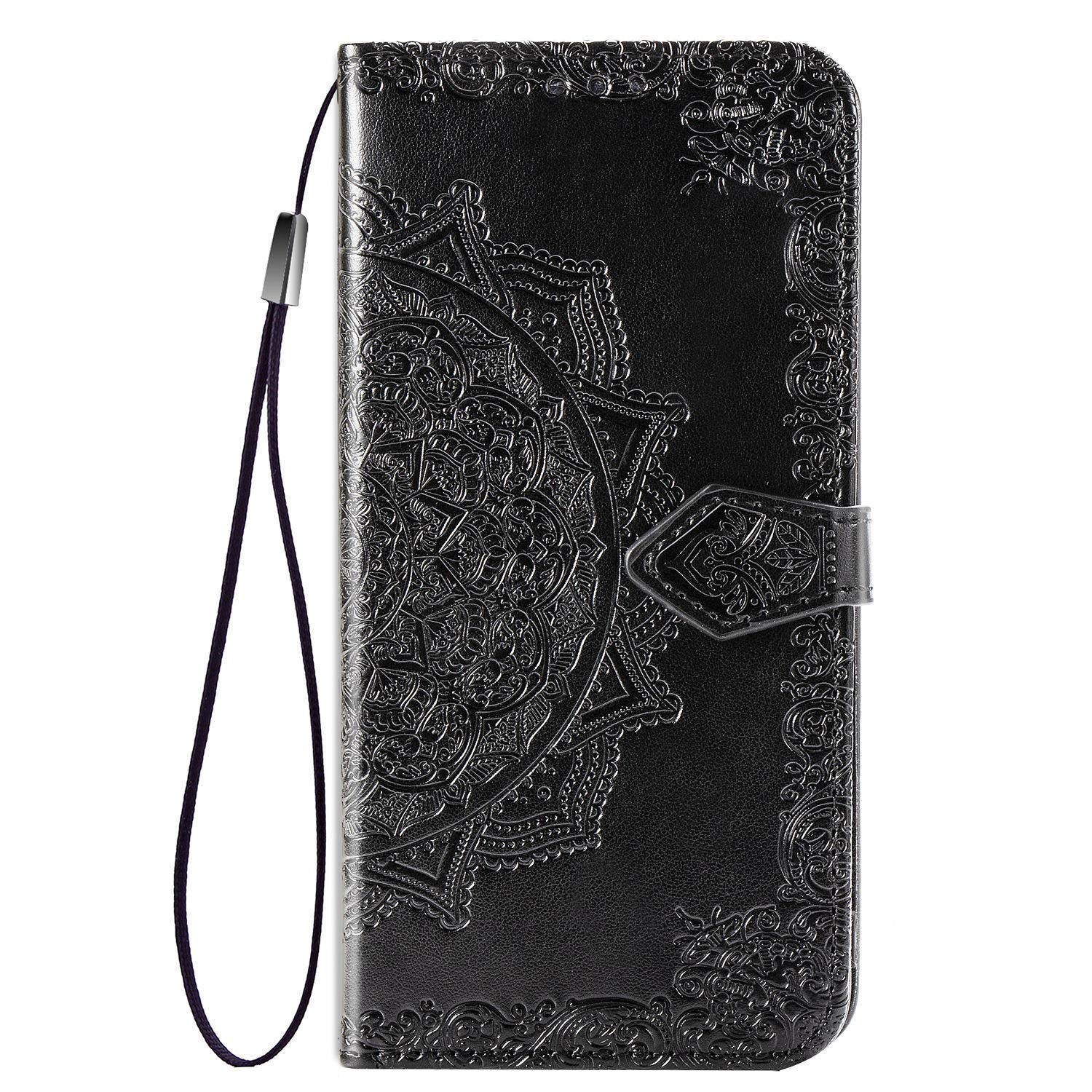 Fertuo Case for Samsung S20 Plus, Premium Leather Flip Wallet Case with [Card Slots] [Kickstand] [Hand Strap] Mandala Flower Embossed Pattern Cover Case for Galaxy S20 Plus, Black