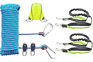 Dog Tie Out Cable for Camping, Dog Trolley System and 4ft Bungee Leash for Dogs Up to 250lbs, Suitable for Camping, Yard and 