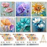 Canrichshop 6 Pack Paint by Numbers Kit for Adults,Framed Adults Painting by Numbers Kits with Wooden Easel, DIY Flowers Acrylic Oil Painting Number Kits for Wall Decor 8x8 inch