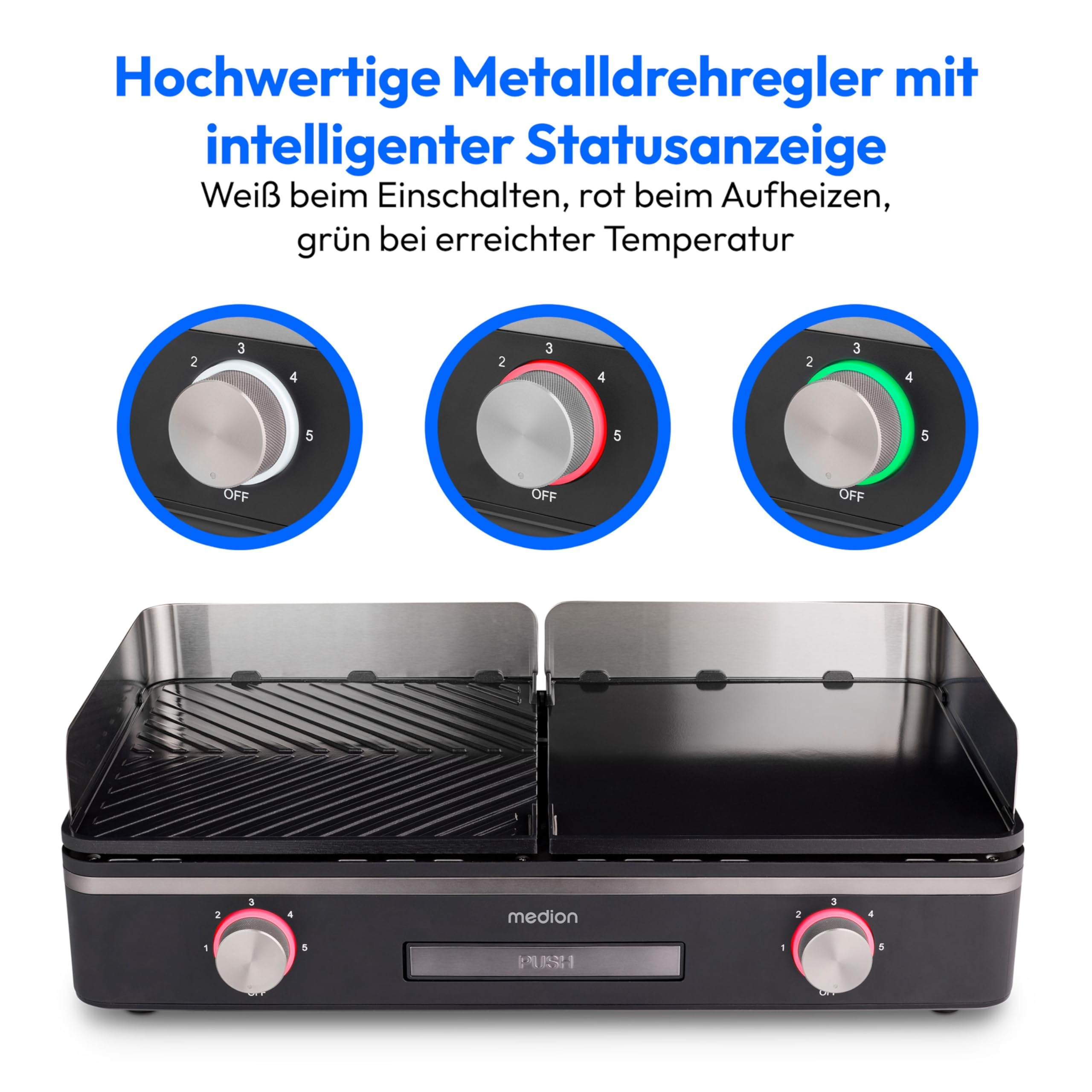 MEDION Tischgrill elektrisch mit Dual-Zonen-System (2400 Watt Elektrogrill, 2 abnehmbare Platten, individuelle Temperaturregelung, LED-Statusanzeige, IPX4-Schutz, MD12027) 5