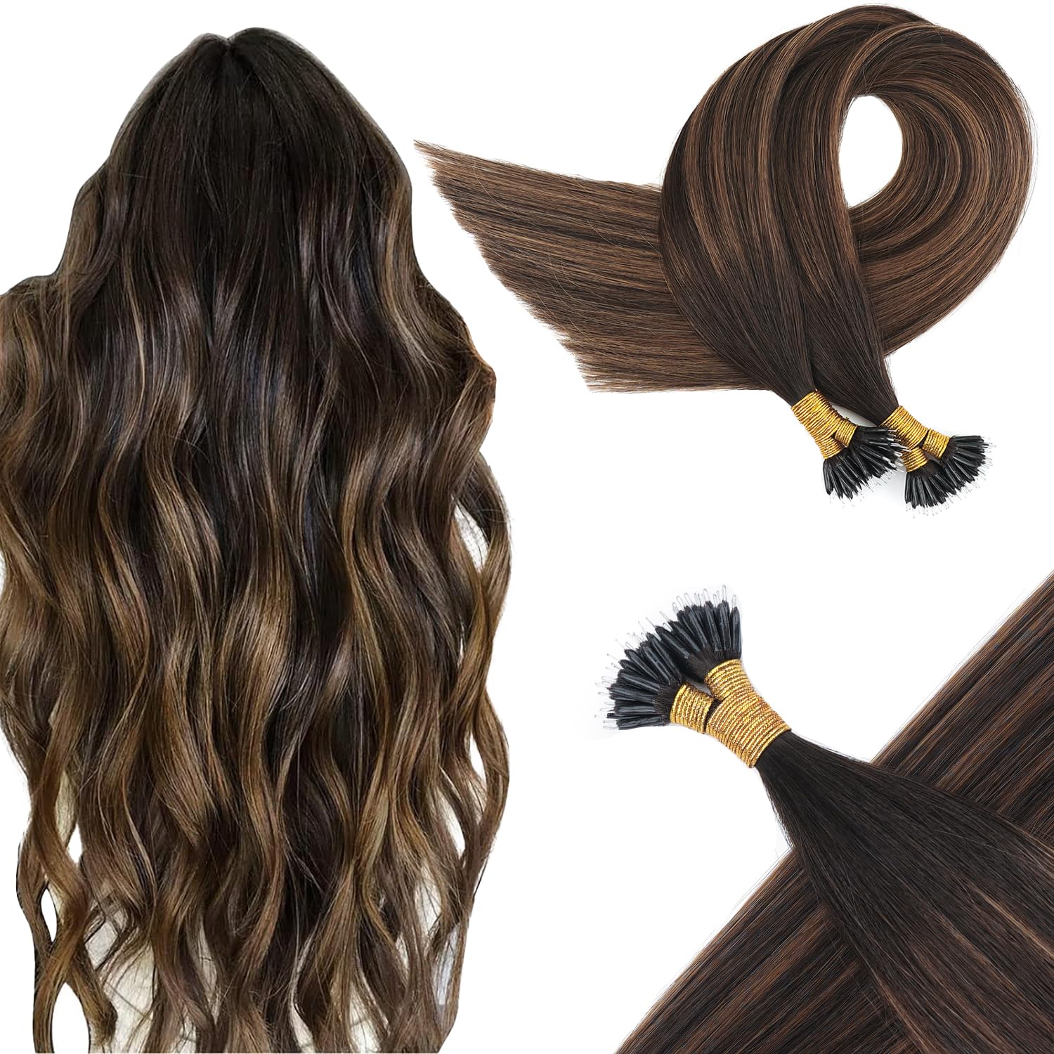 KOCONI 18 Inch Darkest Brown Fading To Chestnut Brown Mixed Nano Ring Hair Extensions Real Human Hair Nano Beads Remy Human Hair Extensions Human Hair 1g/S Nano Tip Hair Extensions Real Hair 50g 2/6/2 — image 1