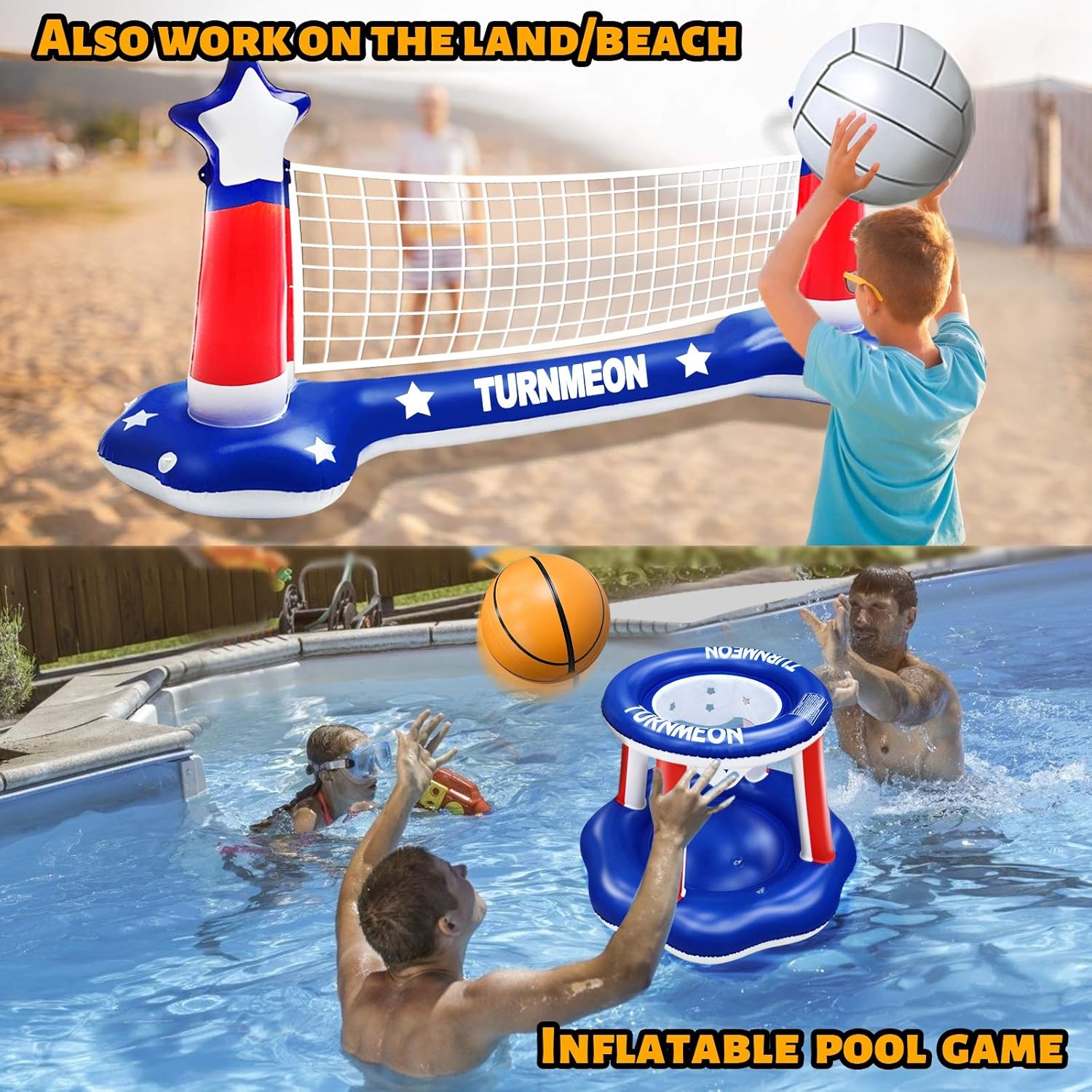 Large Inflatable Pool Games Volleyball Net & Basketball Hoop Set with 2 Balls Swimming Pool Toys for Adults Kids Pool Floating Water Pool Toys Party Volleyball Net (116”x46”x30”) Hoop (31”x31”x24”): Toys & Games