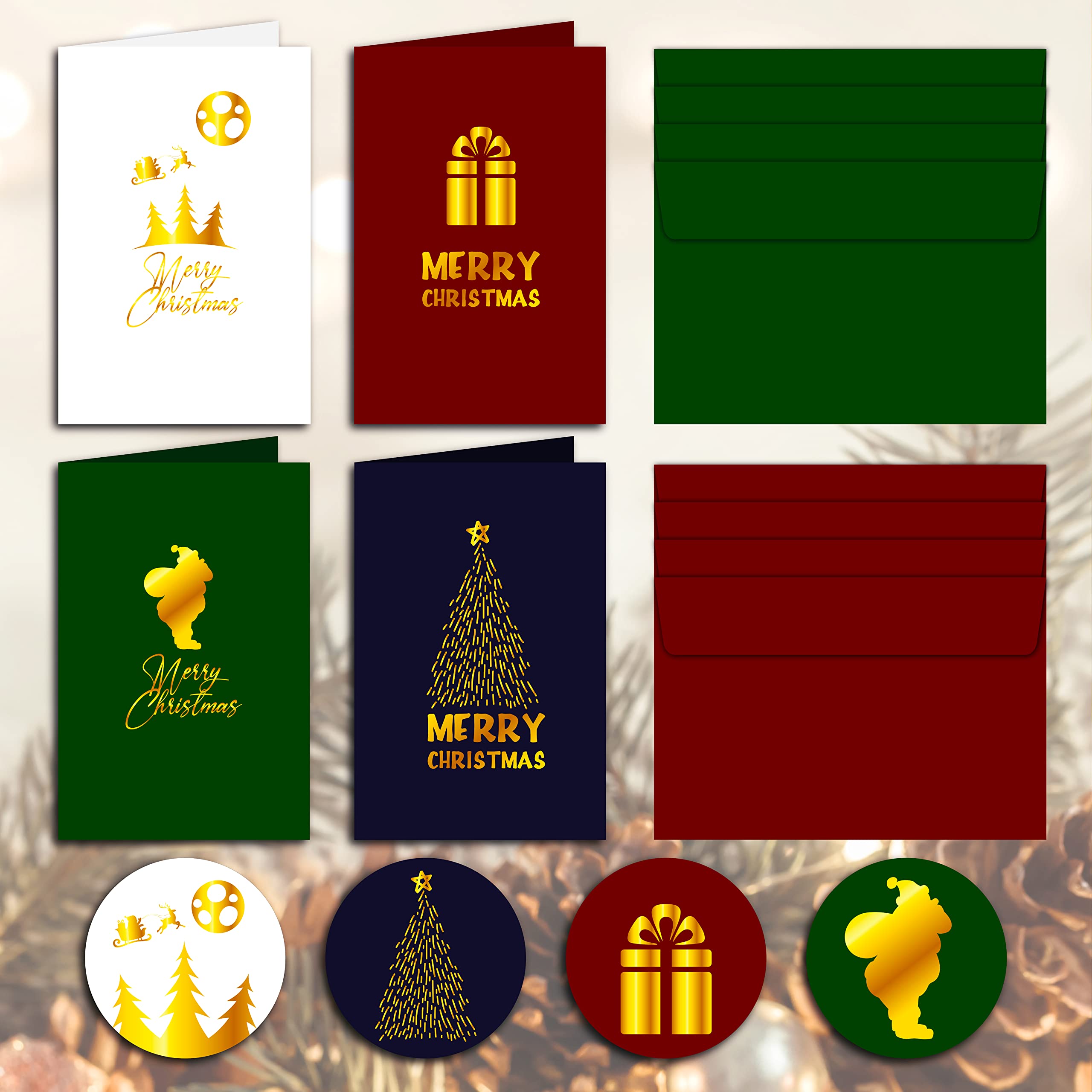 NIMU 12 Pack Premium Christmas Greeting Cards with Gold Coloured Theme in 4 Different Unique Designs with 12pcs Envelopes and 12pcs stickers, Christmas Decoration, Party Favors, Multi-pack