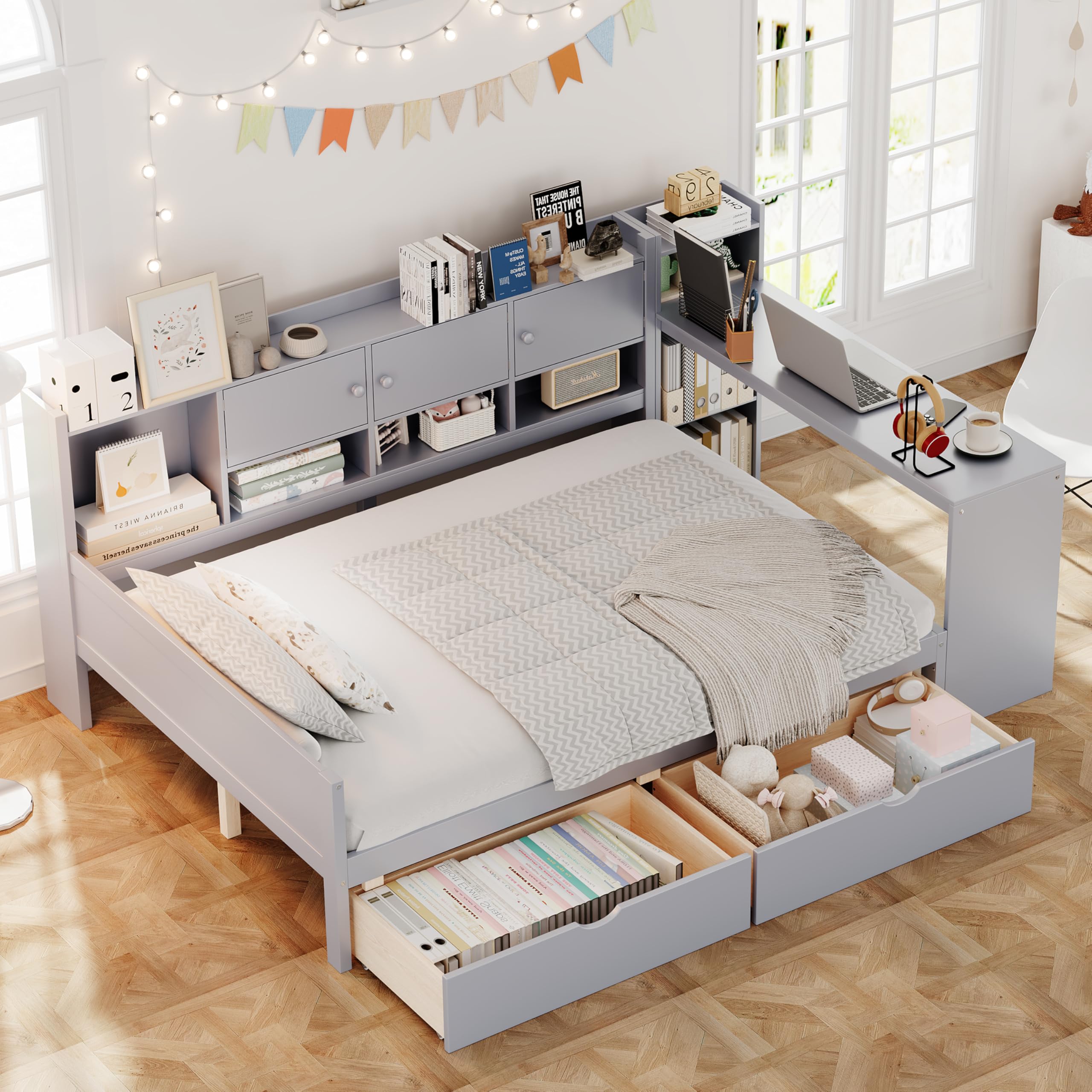 Photo 1 of *** BOX E ONLY ***Merax Wooden L-Shape Daybed with 7 Storage Cabinets, 2 Drawers, Study Desk and Built-in Bookshelf, Multi-Functional Bed for Full Mattress (Mattress not Include)