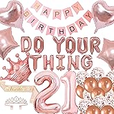 21st Birthday Decorations for Girls Do Your Thing Rose Gold Balloons Happy Birthday Party Banner for Her Sash and Tiara Crown Fringe Foil Curtain for Women 21st Bday (Rose Gold)