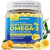 Vegan Omega-3 Gummies 1000mg +CoQ10+Magnesium- EPA 600mg & DHA 400mg, Fish Oil Omega 3 Supplements Alternative for Women Men Adults- Liposomal Form -Algae- Plant Sterols, Garlic,B6,B9, B12, Sugar Free