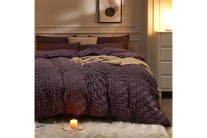 JELLYMONI Purple Duvet Cover Queen Size, 3pcs Washed Microfiber Bedding Set, Soft Breathable Seersucker Duvet Cover Set with Zipper Closure and Corner Ties for All Seasons