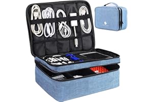 ORIENT FAMULAY Travel Electronics Organizer, Waterproof Cable Organizer Bag for Electronic Accessories Double Layer Large Shockproof Cable Storage Bag for Cord, Power Bank, Tablet(Up to iPad 11 inch) - Denim blue