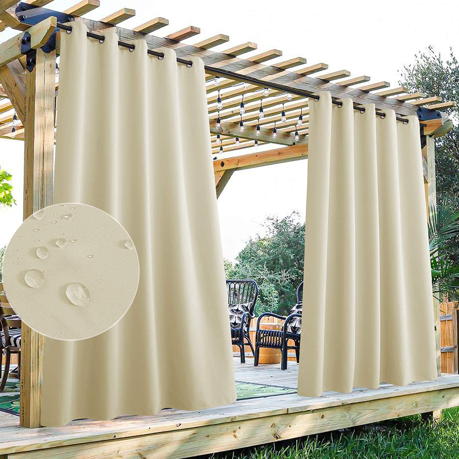 StangH Outdoor Waterproof Curtains for Patio - Grommet Blackout Curtain Panels Outdoor Privacy Curtains Drapes for Pergola/Deck/Pool Hut, W70 x L84, Natural Beige, 1 Panel
