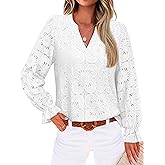 RUMIA Womens Blouses V Neck Eyelet Lace Tops with Lining Dressy Sheer Long Sleeve Shirts Embroidered Blouses 2025 Fashion