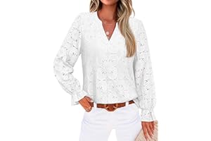 RUMIA Womens Blouses V Neck Eyelet Lace Tops with Lining Dressy Sheer Long Sleeve Shirts Embroidered Blouses 2025 Fashion