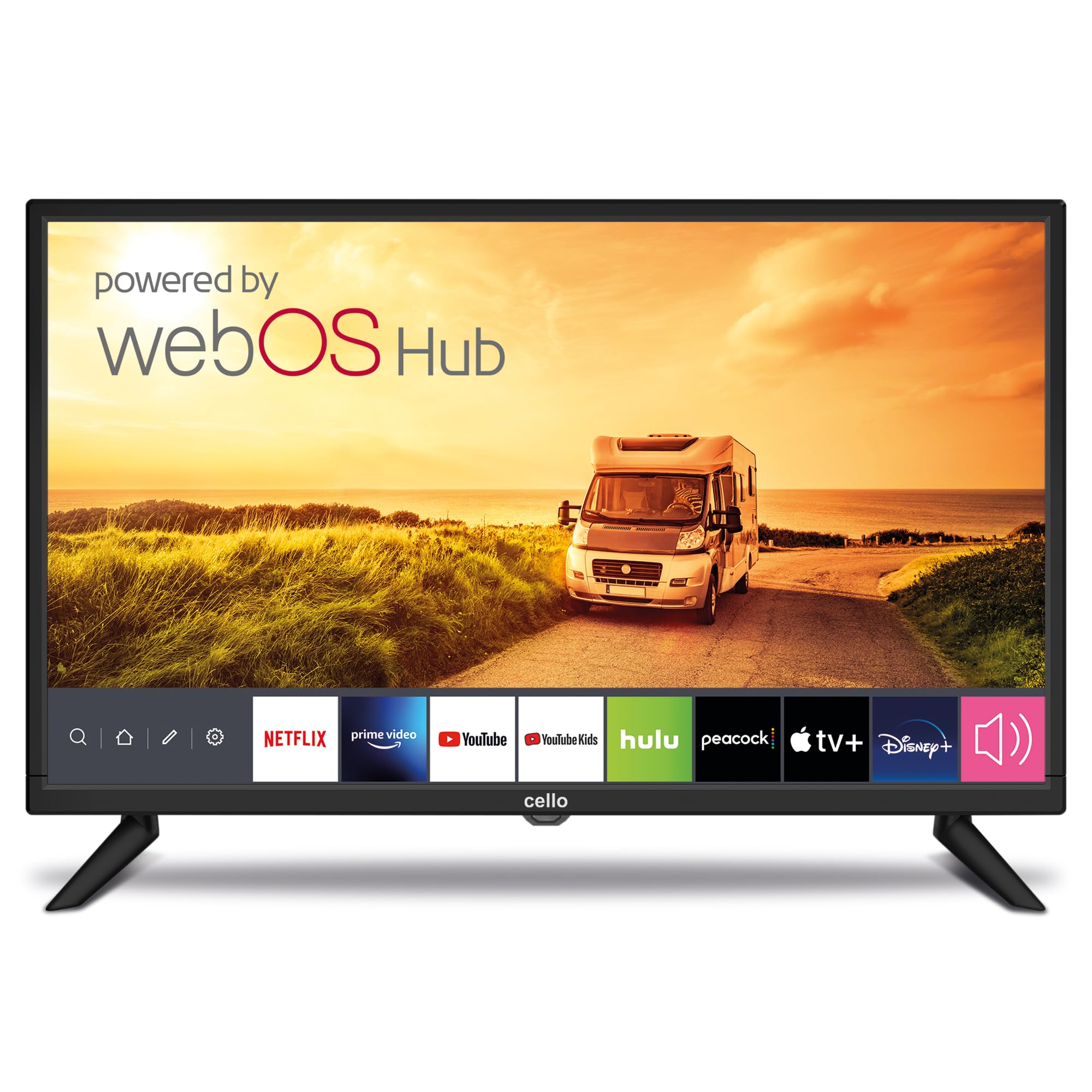 Cello 24″ Smart Camping Voyage TV 12 Volts Triple Tuner Bluetooth. Disney Plus Netflix, Apple TV Plus Prime Video Paramount Plus Caravanes Bateaux Hgvs Fabriqué En Europe (Modèle 2023)