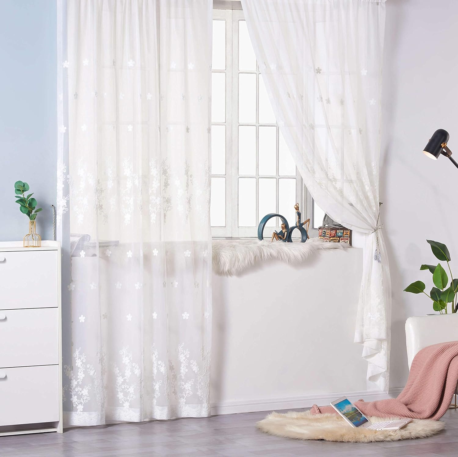 Amazon Com Mumuaini Flower Embroidery White Sheer Voile Rod