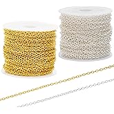 60 Feet Metal Iron Jewelry Chains 2 mm Bulk Gold and Silver Necklace Link Chains for Jewelry Making (Silver and Gold)