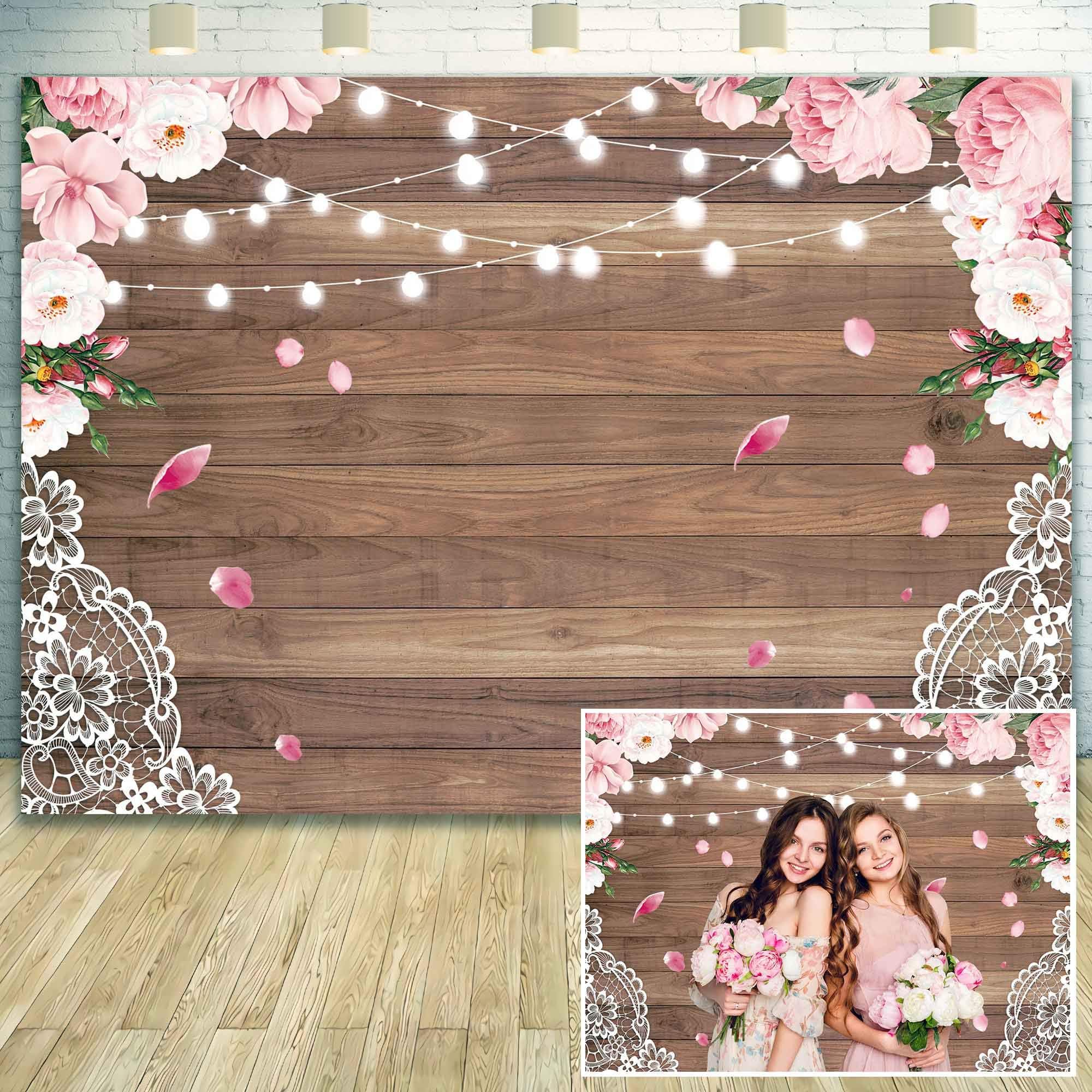 Demohome 7.7x6ft Durable Fabric Flowers Wood Lace Rustic Backdrop Wedding Floral Photography Background for Birthday Baby Shower Party Supplies Decorations Photo Booth Studio Props Banner