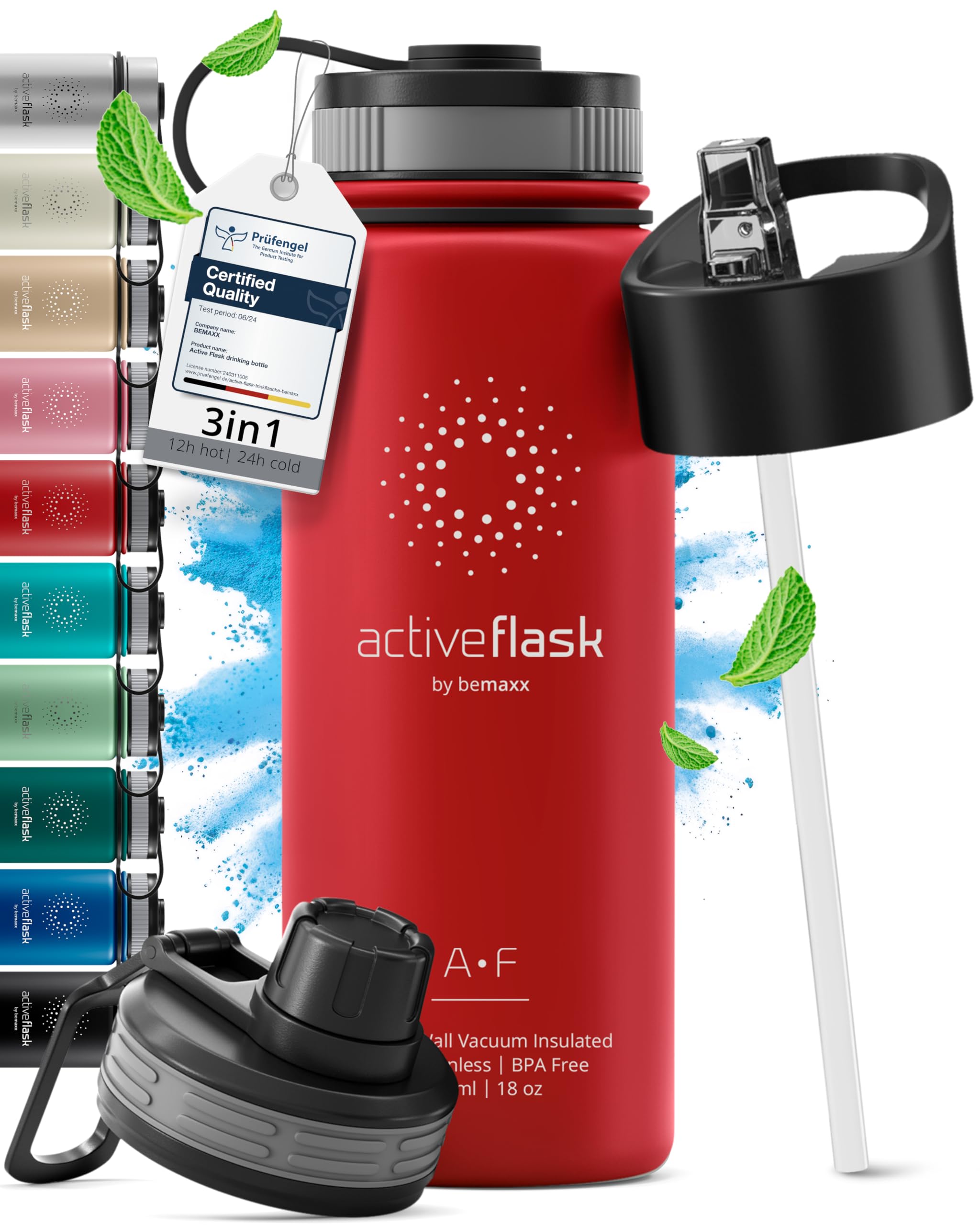 Stainless Steel Water Bottle with Straw & 3 Lids: 1 & 0,5L Leak-Proof BPA-Free Vacuum Insulated ACTIVE FLASK Drinking Bottles Hot Cold: Double Walled Outdoor Drink Thermo Mug Tea Coffee Sport Gym Bike