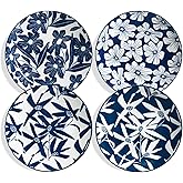 ONEMORE Dinner Plates Set of 4, 10.5 Inch Porcelain Plate, Blue and White Salad Dessert Plates, Microwave & Dishwasher Safe Scratch Resistant Large Serving Dish Plate