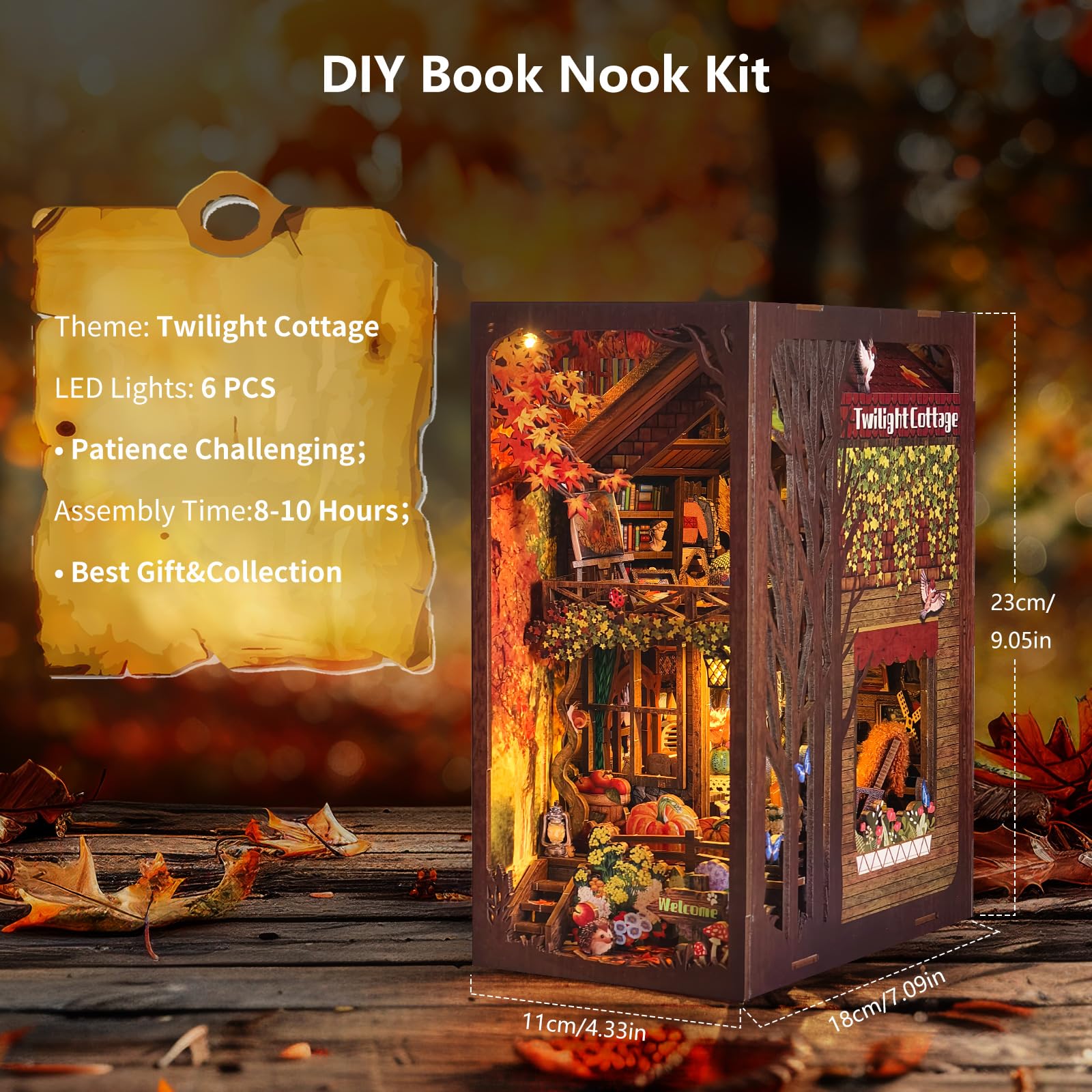 Book Nook Kit Book Nook Kits for Adults, DIY 3D Wooden Puzzle Bookend Booknook for Bookshelf Insert Decoration, DIY Dollhouse Miniature Model Unique Structure Design (Twilight Cottage)