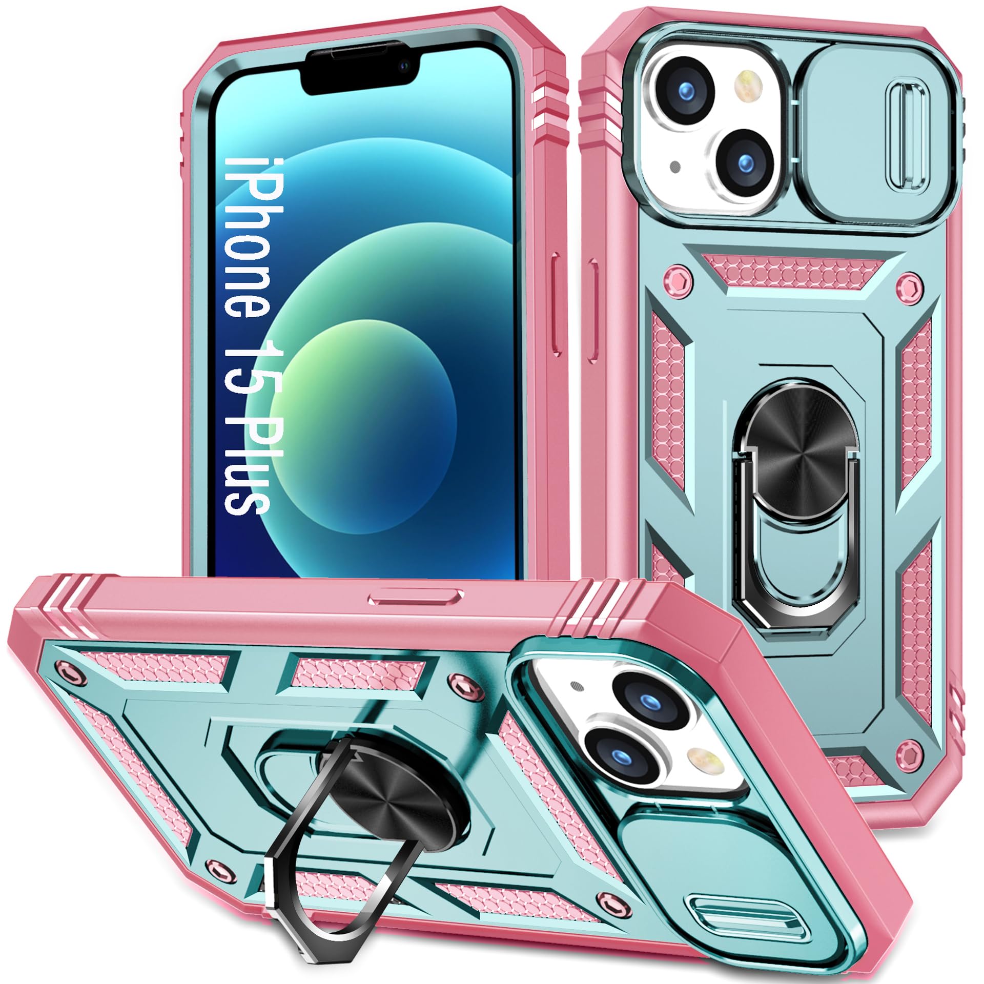 Photo 1 of DAWEIXEAU Case Compatible with iPhone 15 Plus, Shockproof Impact Resistant with Slide Lens Protective Cover Case for iPhone 15 Plus 6.7 inch (Pink Green)