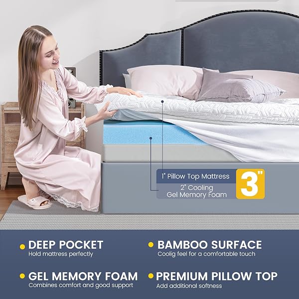 QUEEN SIZE-DUAL LAYER 3 INCH PILLOW TOP MATTRESS TOPPER, 1 INCH COOLING PILLOW TOPPER AND 2 INCH GEL MEMORY FOAM BED MATTRESS TOPPER FOR BACK PAIN & COMFORT SLEEP