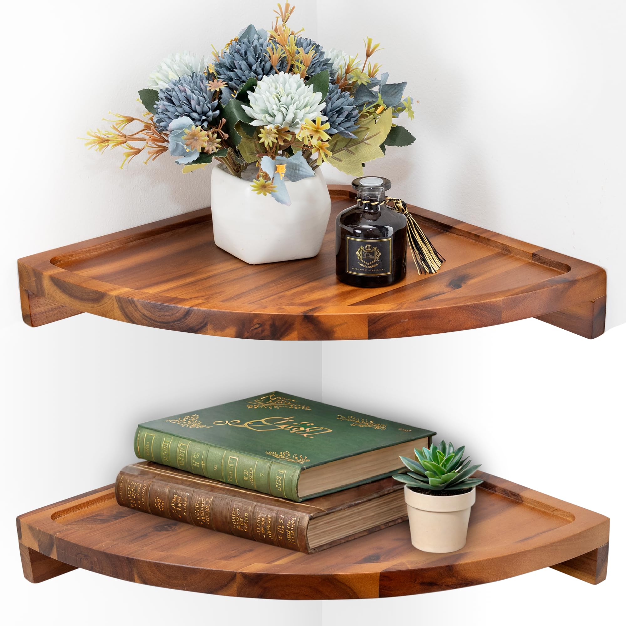 Photo 1 of Demigo Floating Round Corner Shelves for Wall 2pcs - Acacia Wood Wall-Mounted Storage Shelves for Home Decor, Space Saving Displays for Living Room, Kitchen, Office, and Bedroom (Natural Brown)