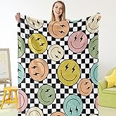 JarThenaAMCS Fuzzy Flannel Blanket Hippie Smile Face Checkerboard Throw Blanket for Home Chair Sofa Couch Bed, 50 x 60 Inch