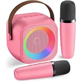 Mini Karaoke Machine,Portable Bluetooth Speaker with 2 Wireless Microphones | 360&deg; Surround Sound,5 Voice Effects,Bluetooth 5.0,LED Lights, TF/USB/AUX, For Kids and Adults, Family Home Party and Gifts