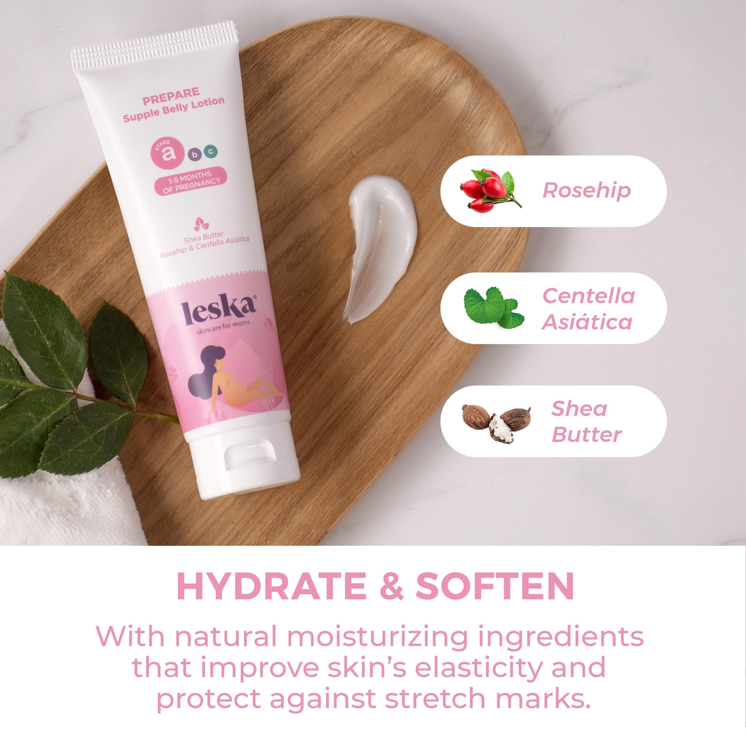 LESKA Maternity Hydrating Lotion | STAGE A: PREPARE Supple Belly Lotion (Pregnancy Months 1-5) | Part of a Complete 3 Stage Pregnancy Skin Care System | New Mom Gifts (4oz)