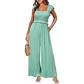 OUGES Jumpsuits for Women Casual Summer Overalls Ruffled Sleeve Strap Wide Leg Pant Rompers with Pockets