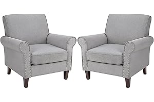 PrimeZone Comfy Accent Chair Set of 2, Mid-Century Modern Fabric Living Room Chair Reading Chair with Soft Cushion, Nailhead Trim & Rolled Armrest, Arm Chair Sofa Chair for Bedroom Waiting Room,Grey