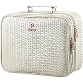 Faquenc Makeup Bag with LED Lighted Mirror 12.2 IN Cosmetic Train Case Double Layer Makeup Case Adjustable Brightness in 3 Colors Cosmetic Organizer Artist Storage with Brush Holder Vanity Beige