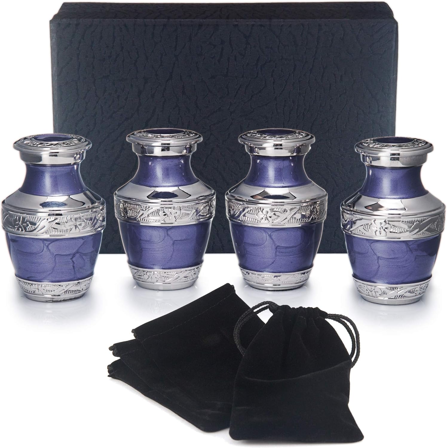 Adera Dreams Small Urns for Human Ashes Keepsake - Set of 4 in Purple - Mini Cremation Urns - Memorial Ashes Urn with Case, Velvet Pouch and Funnel - Miniature Burial Funeral Urns for Sharing Ash