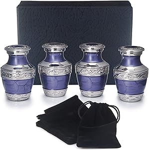 Adera Dreams Small Urns for Human Ashes Keepsake - Set of 4 in Purple - Mini Cremation Urns - Memorial Ashes Urn with Case, Velvet Pouch and Funnel - Miniature Burial Funeral Urns for Sharing Ash