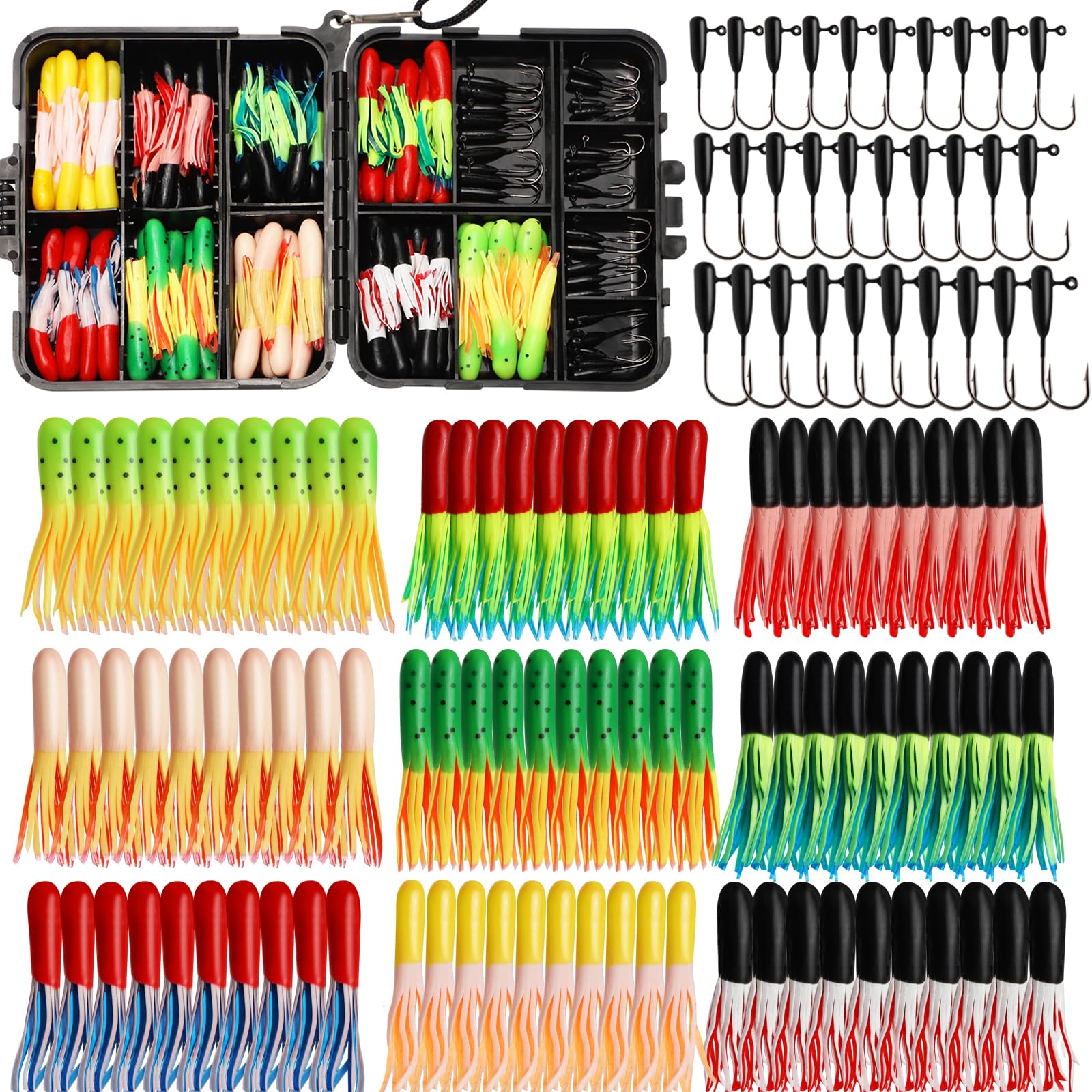 Dovesun 120pcs Crappie Lures with Jig Heads Hooks Kit- Soft Plastic Grubs-Tubes Bait 90Pcs 0.8g 1.4g 1.75g 30Pcs Crappie Jigs Fishing Lures Kit for Saltwater Freshwater Fishing