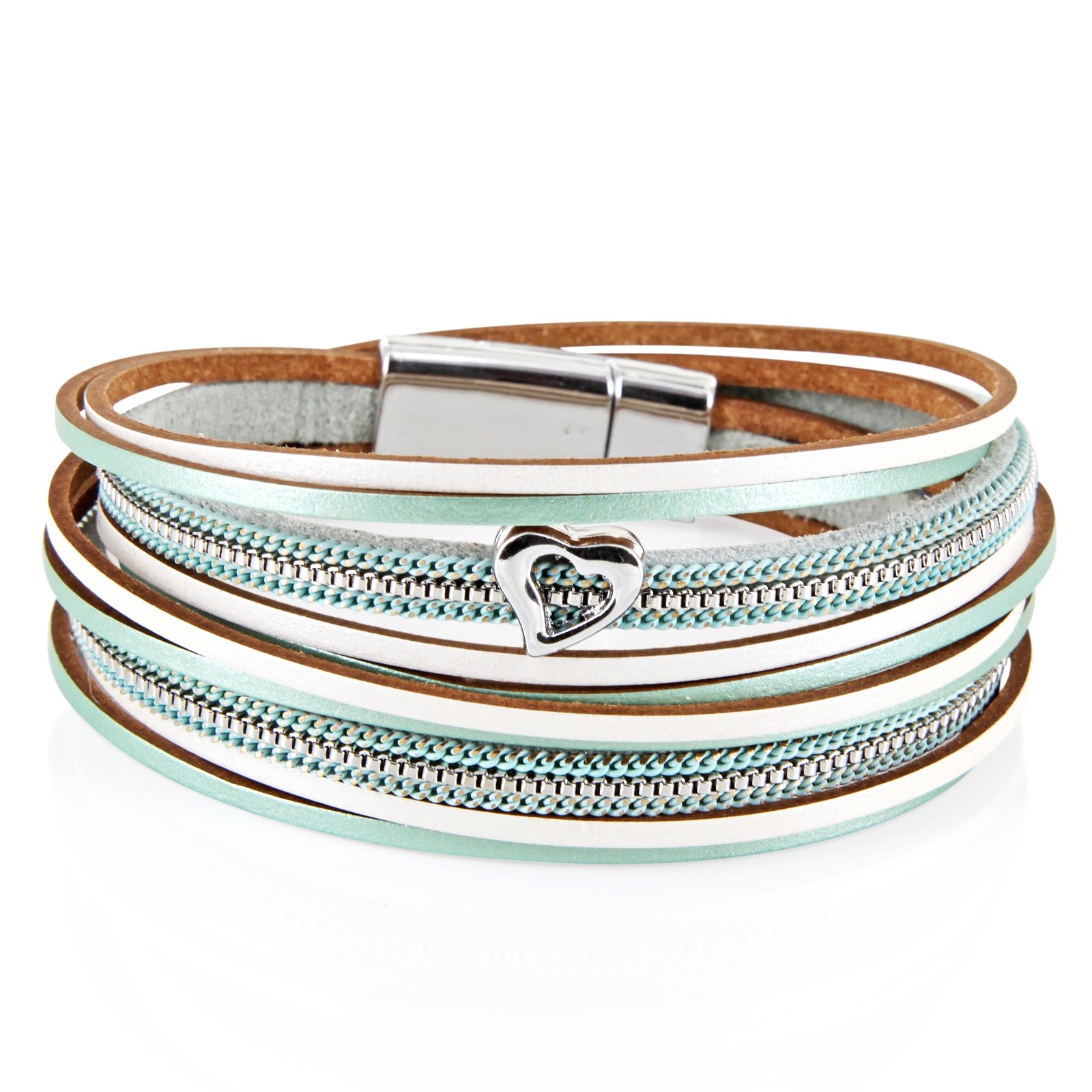 StarAppeal Women's Wrap Bracelet in Leather with Heart, Chain and Magnetic Clasp Silver, one size, Leather, Without Stone