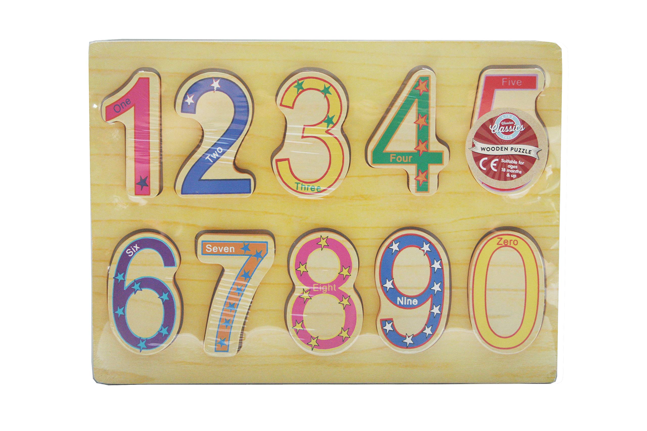 Wooden Number Puzzle Board, Educational Learning Toy for Children, 0-9 Numbers with Stars, 18 Months+