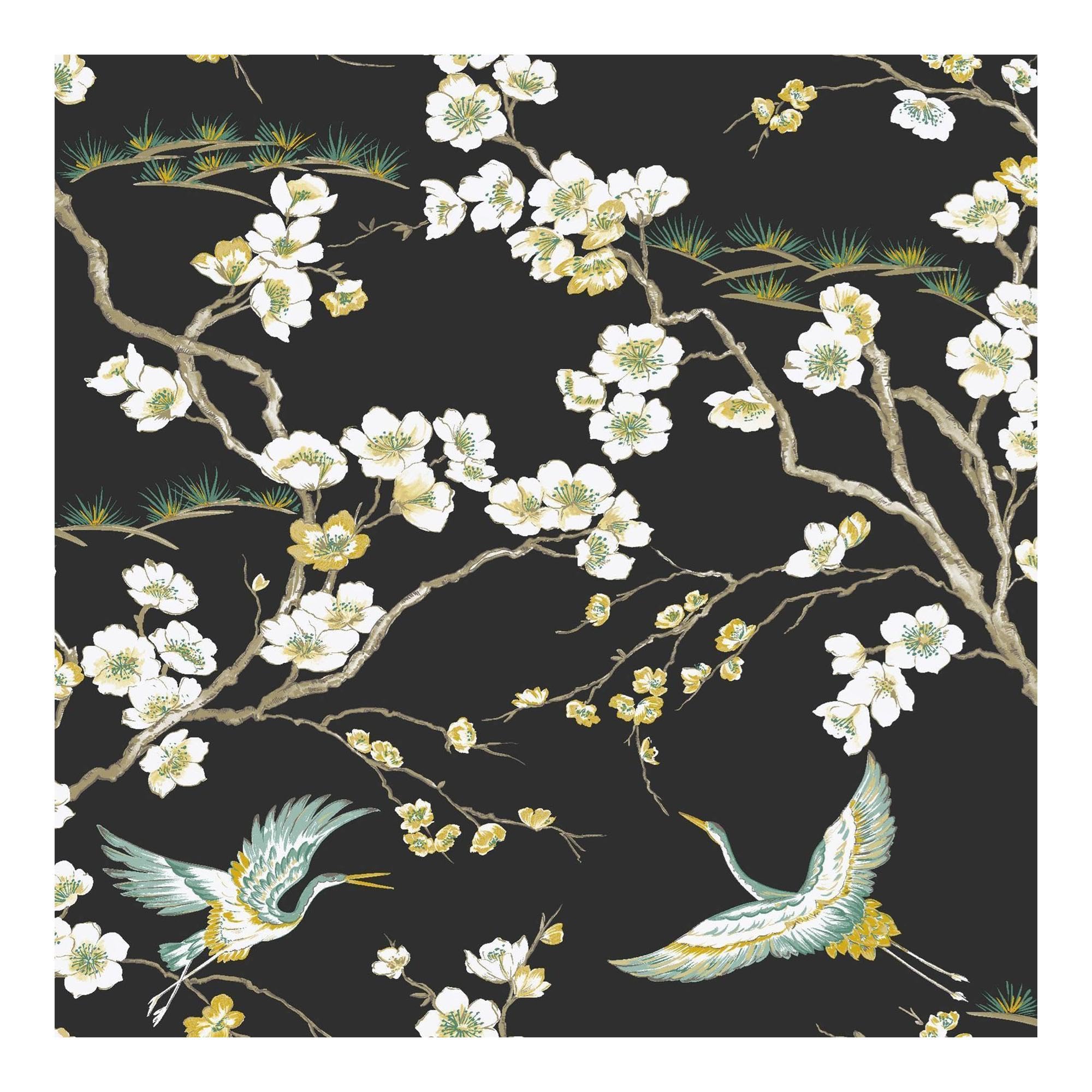 Sublime Black Japan Floral and Fauna Tropical Wallpaper | Paste the Wall Application | Black Floral