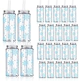 Whaline 20Pcs Winter Blue Snowflake Plastic Cups with Lids and Straws Clear Reusable Christmas Party Drinking Cups for Xmas Party Supplies
