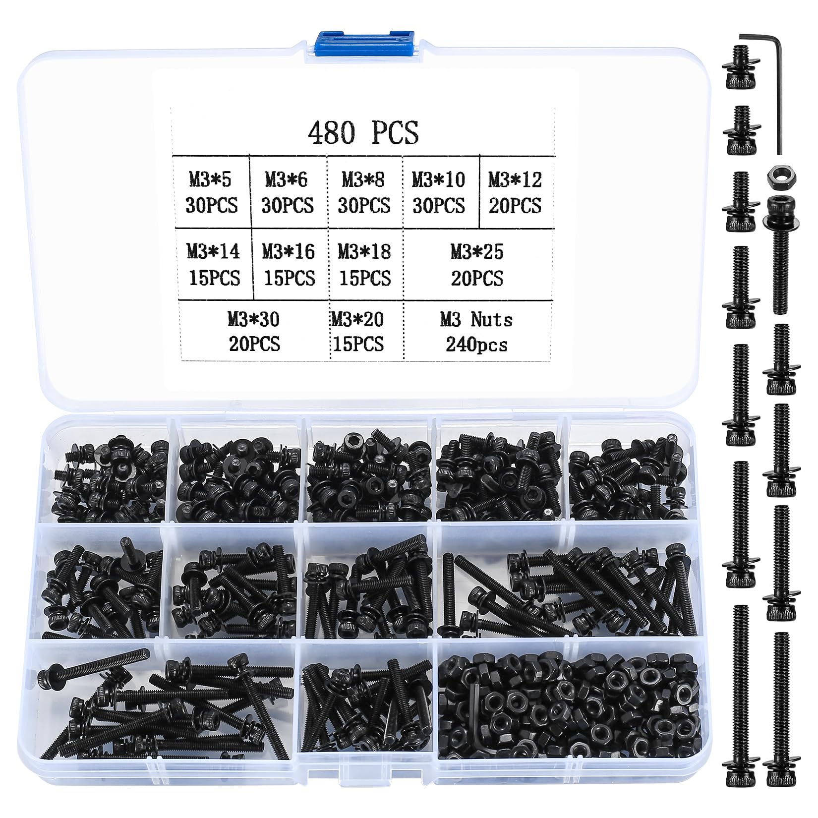 "480 Pcs M3 Screws Bolts and Nuts Set, Hex Socket Head Cap Screws Nuts and Bolts Kit, Black"
