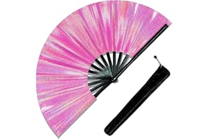 PUGPIU Fans for Line Dancing, 1 Pcs Boots On The Ground Hand Fan, Large Clacking Pop Fans That Make Sound, Women Men Foldable Clapping Handheld Fan for Line Dancing (Laser Pink Dot)