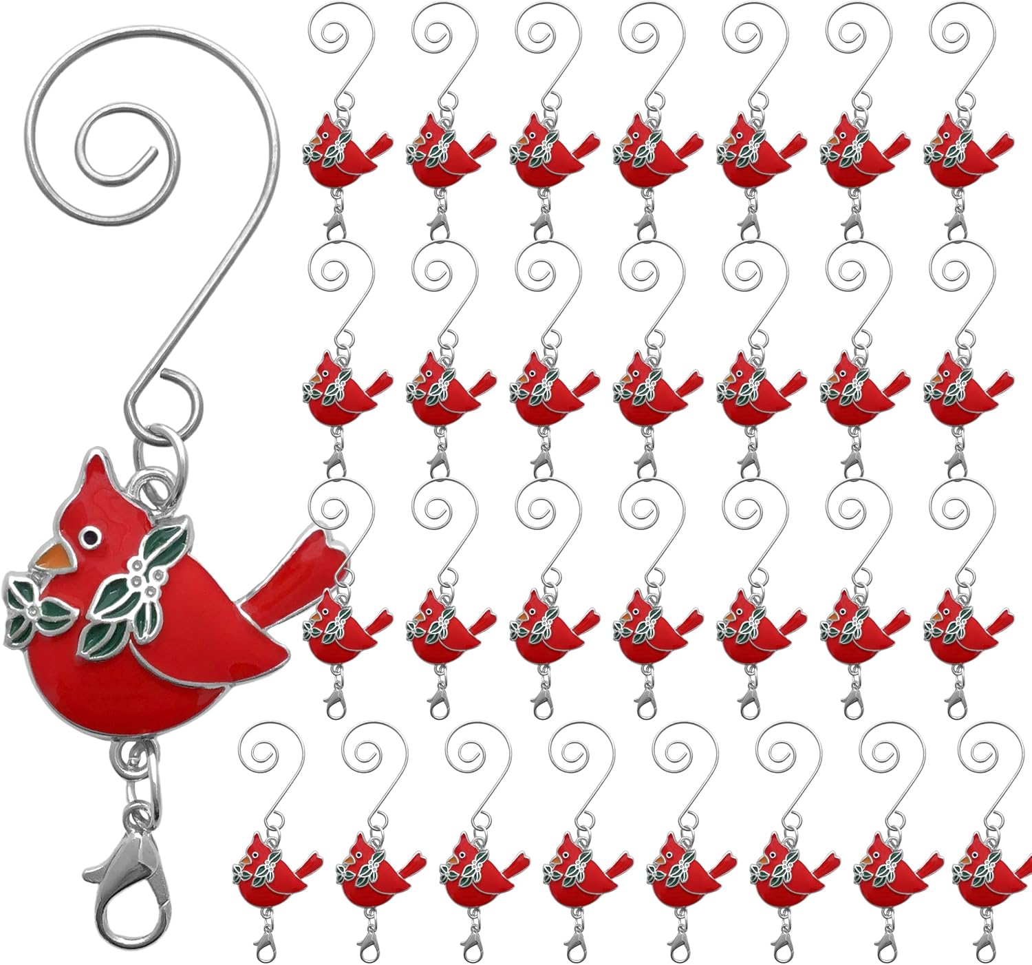 Ornament Hooks - BANBERRY DESIGNS Cardinal Christmas Ornament Hook with S-Hook and Lobster Claw - Set of 30 - Enameled Cardinal with Holly Leaves - Xmas Accessories & Accents for Hanging Ornaments