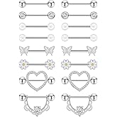 NICEIGHT 8 Pairs 14G Surgical Steel Nipple Rings for Women - Heart, Butterfly, Flower CZ Barbell Piercing Jewelry