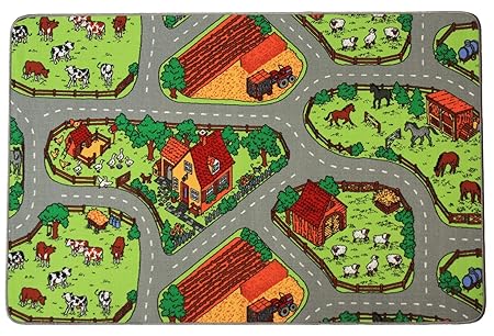Spielteppich Kinderteppich BAUERNHOF Farm - 140x200cm, Spielmatte, Anti-Schmutz-Schicht, Teppich mit Straßen und Tieren für J