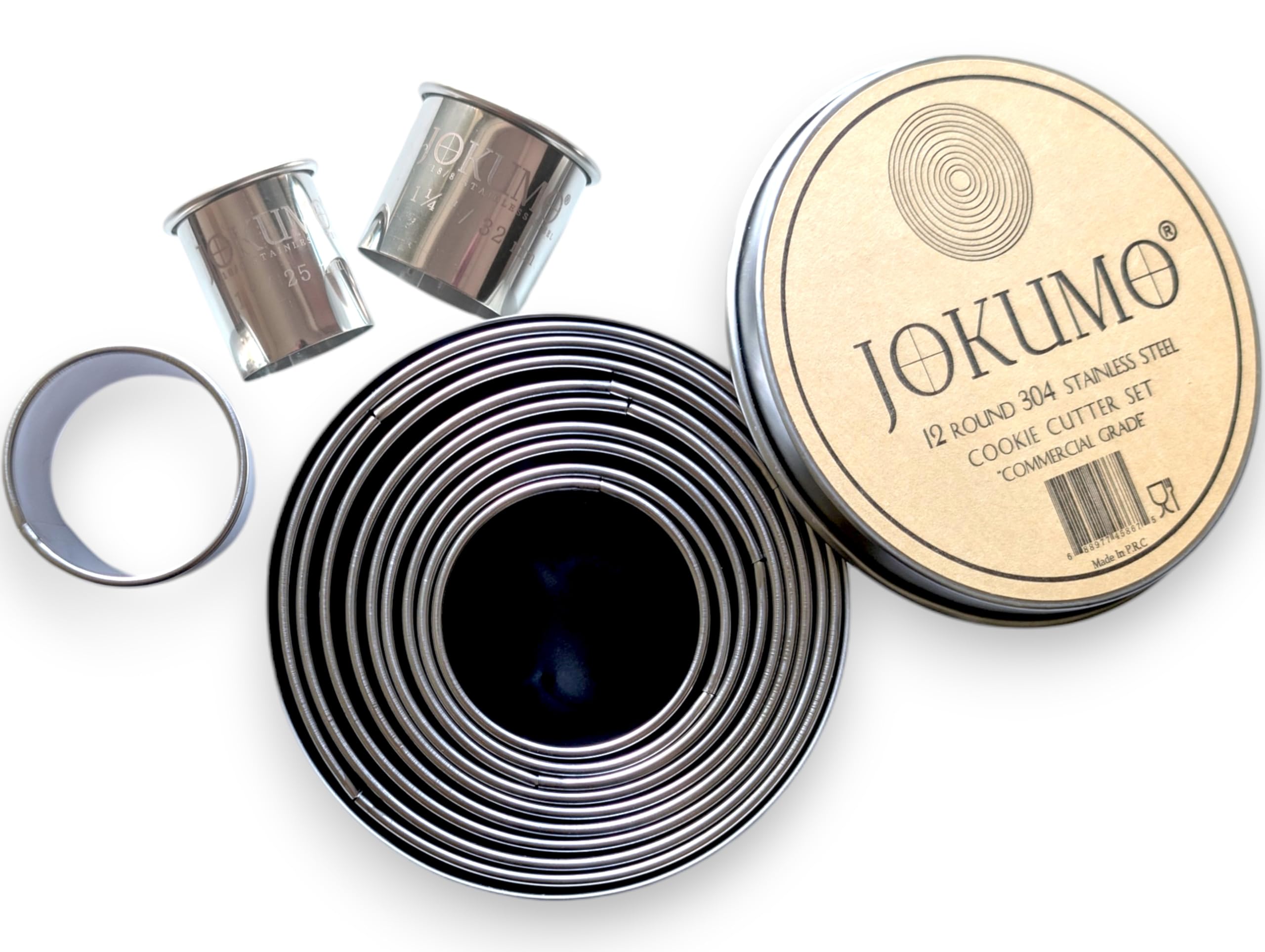 JOKUMO 12 Piece Plain Round Cookie/Pastry Cutter Set Heavy Duty Commercial Grade 18/8 304 Stainless Steel - Metal Marked Size - Perfect for Cooking Enthusiast