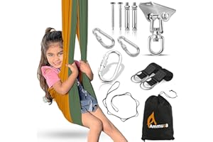 AMMUZA Indoor Sensory Swing For Kids & Adults 200lb - Therapy Swing For Autism, ADHD, Aspergers - Indoor Hammock Kids Swing, Calming Relaxing 360° Adjustable Sensory Toys Gifts (Mustard/Olive)